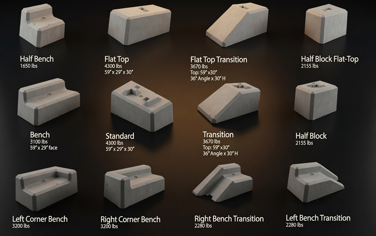 Product chart showing block shapes: Half Bench, Flat Top, Flat Top Transition, Half Block Flat-Top, Bench, Standard, Transition, Half Block, Left and Right Corner Bench, Left and Right Bench Transition